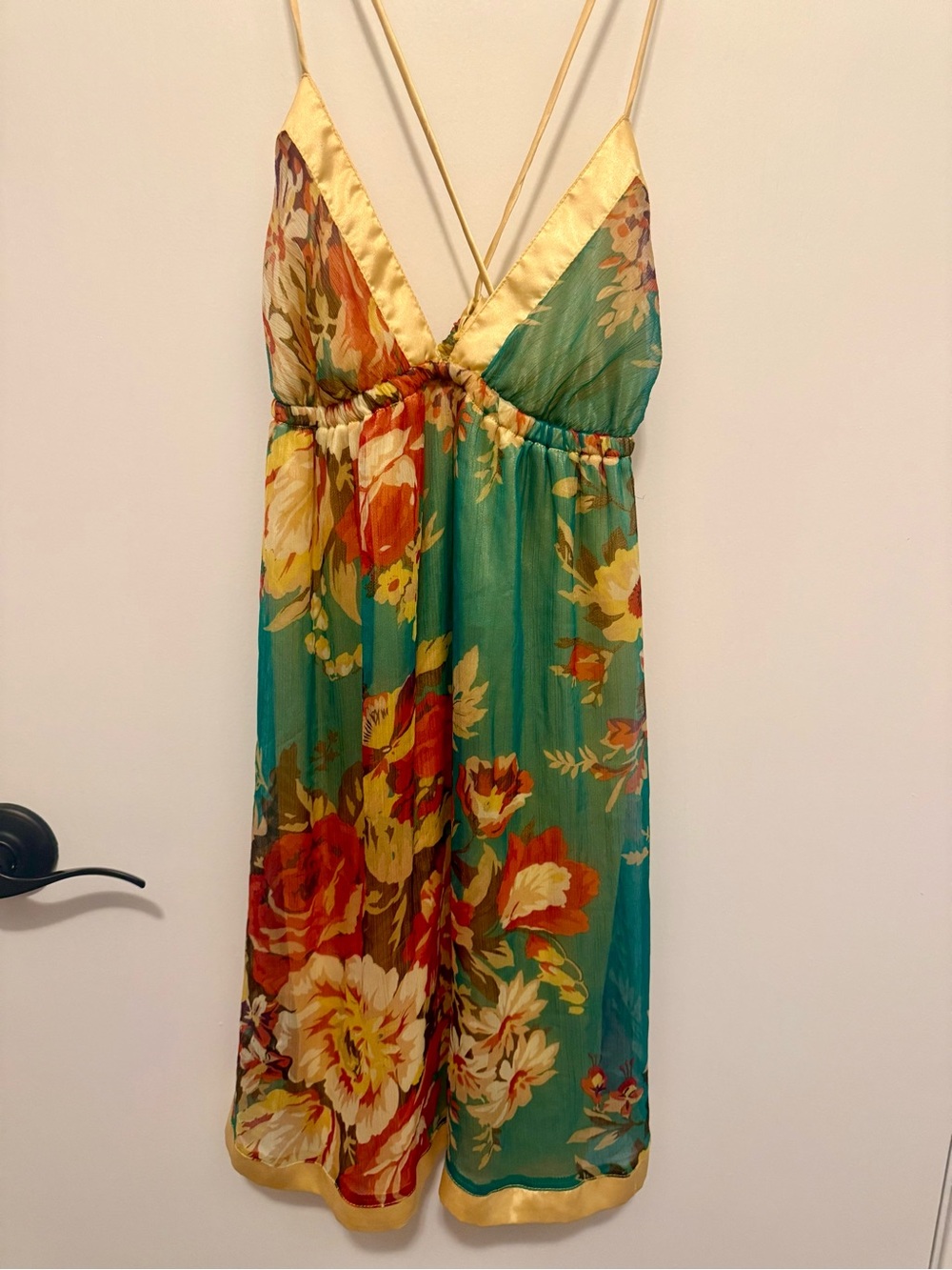 Double Zero Green/Yellow/Orange Floral Satin Trim Dress-Size Medium